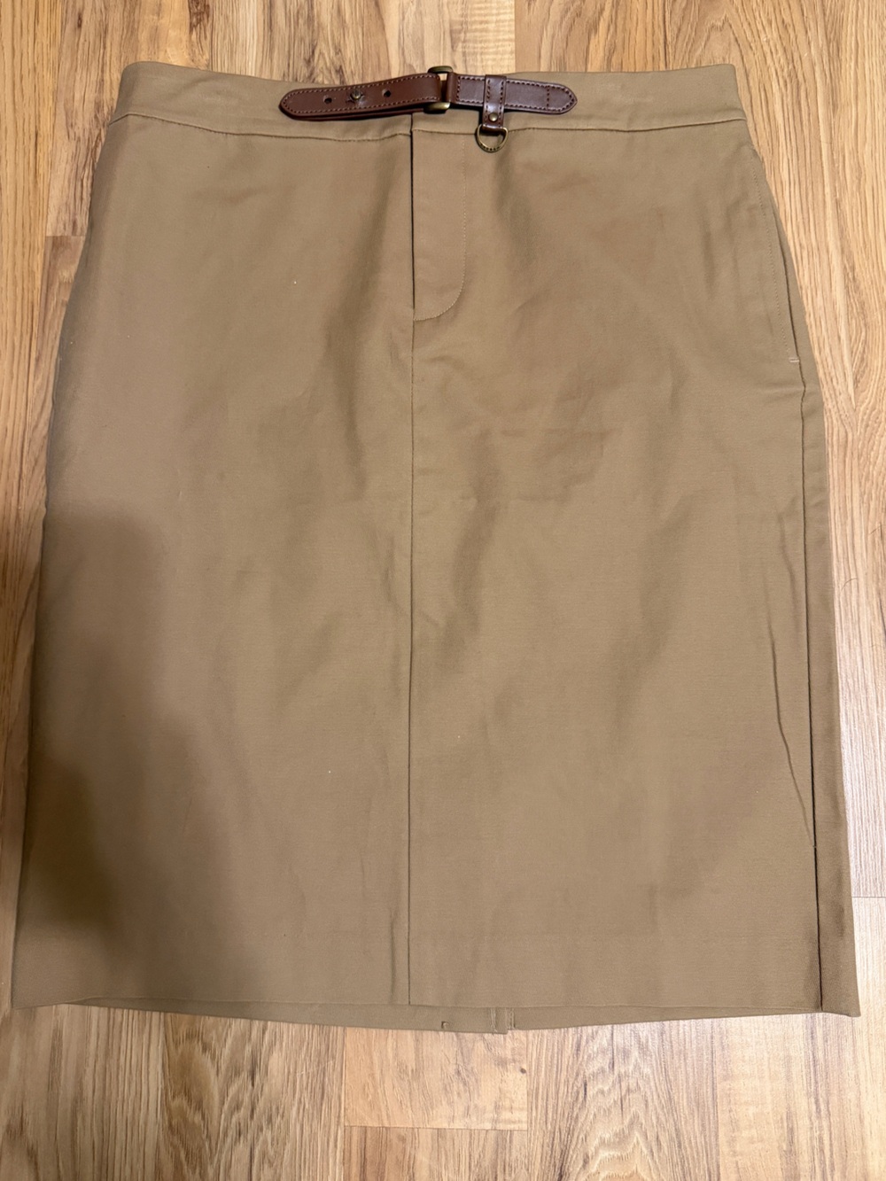 Lauren Ralph Lauren Tan Midi Skirt Size 6 Equestrian Buckle Stretch Cotton